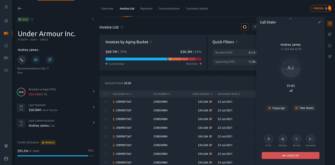 On-call screen with an in-app call dialer overlay showing the contact, call timer, transcript and take-notes actions, beside the live invoice list