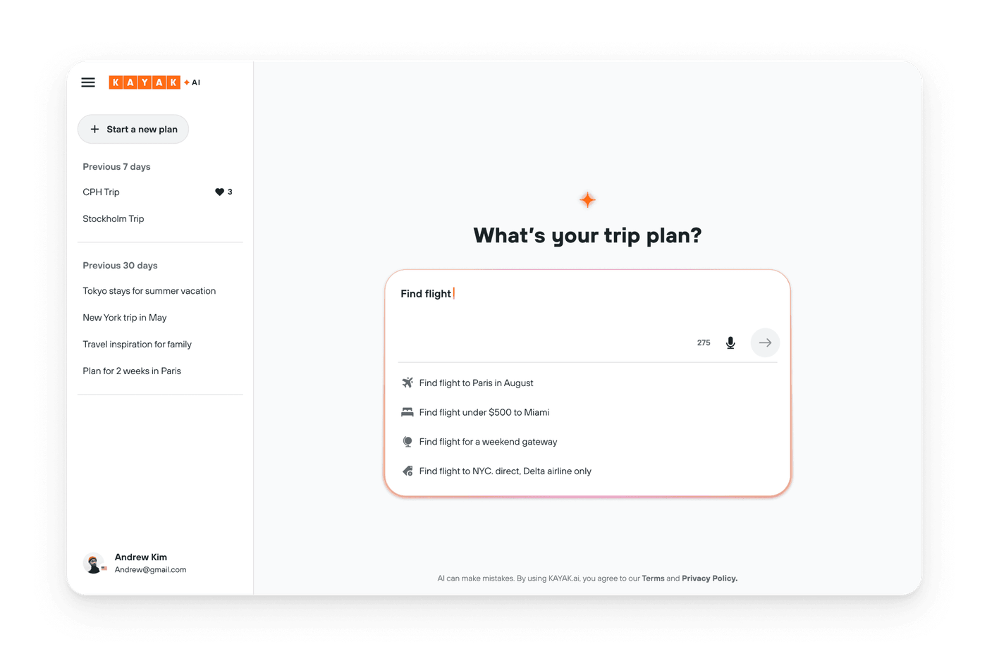 KAYAK.ai home: a single prompt workspace asking 'What's your trip plan?' with a history of saved trips