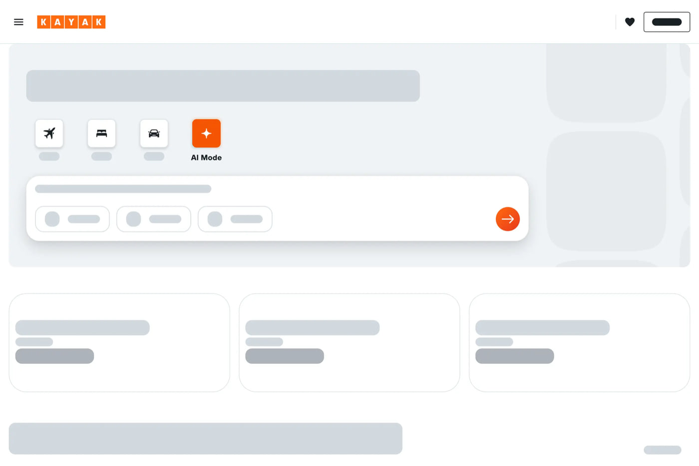 KAYAK search form with a new 'AI Mode' tab added alongside Flights, Stays, and Cars