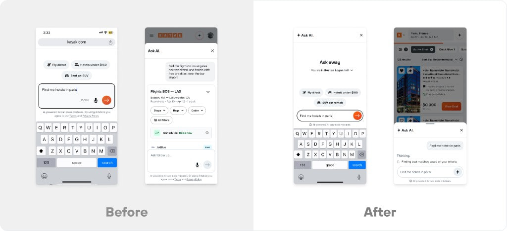 Before: a congested mobile AI modal with a multi-line input. After: a streamlined mobile chat with a single-line input and curated prompt chips.