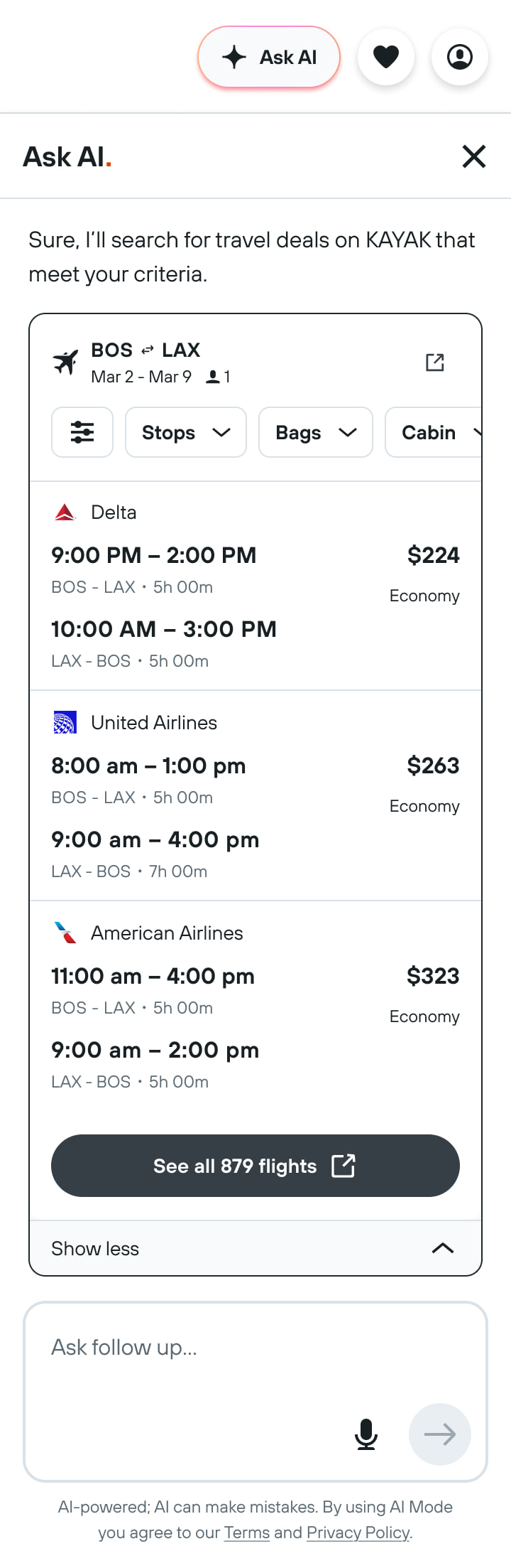 A condensed flight widget inside the chat panel, showing three airlines with times and prices and a 'See all 879 flights' link