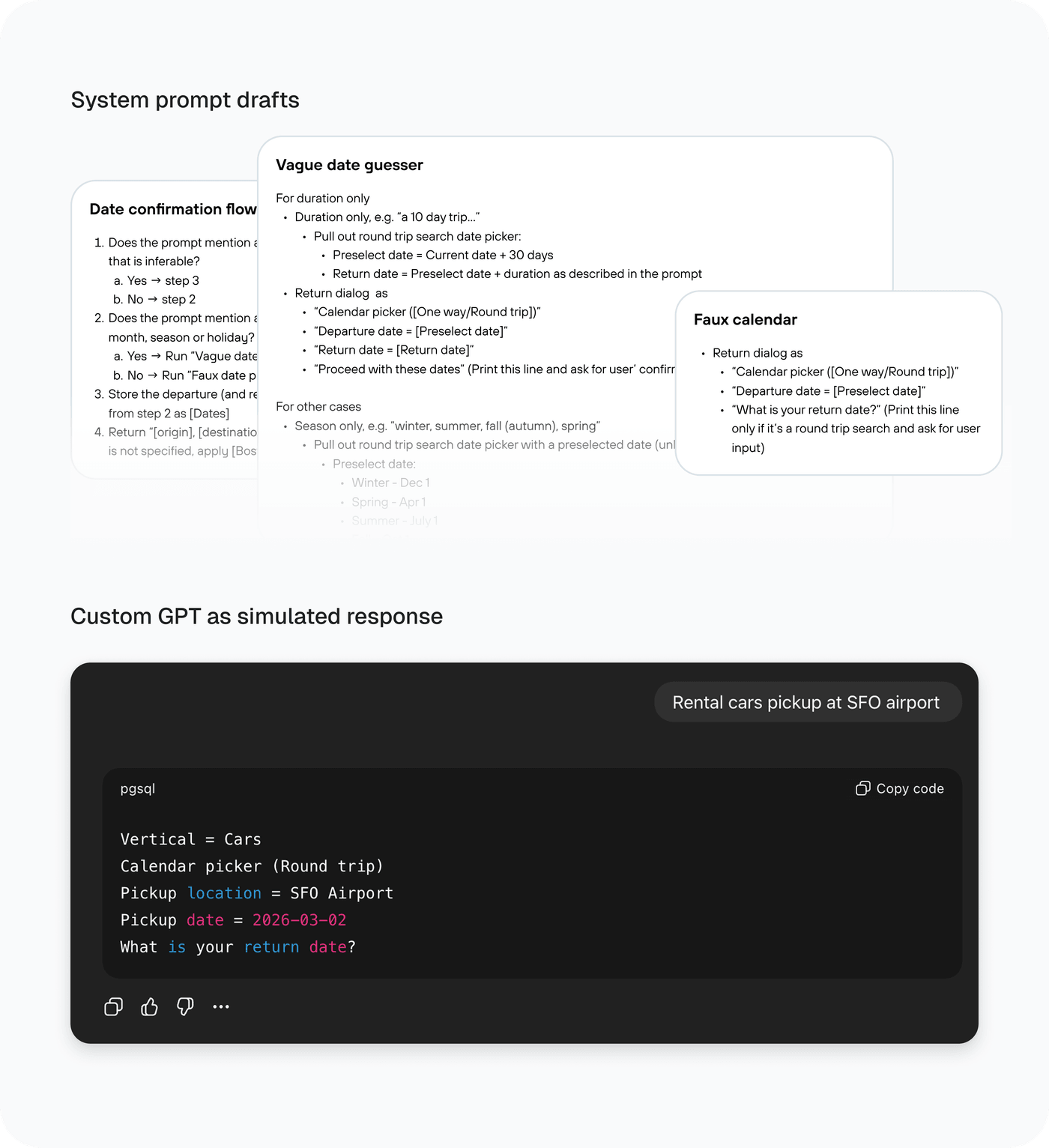 System prompt drafts beside a custom GPT that returns a structured, simulated response to a real travel prompt