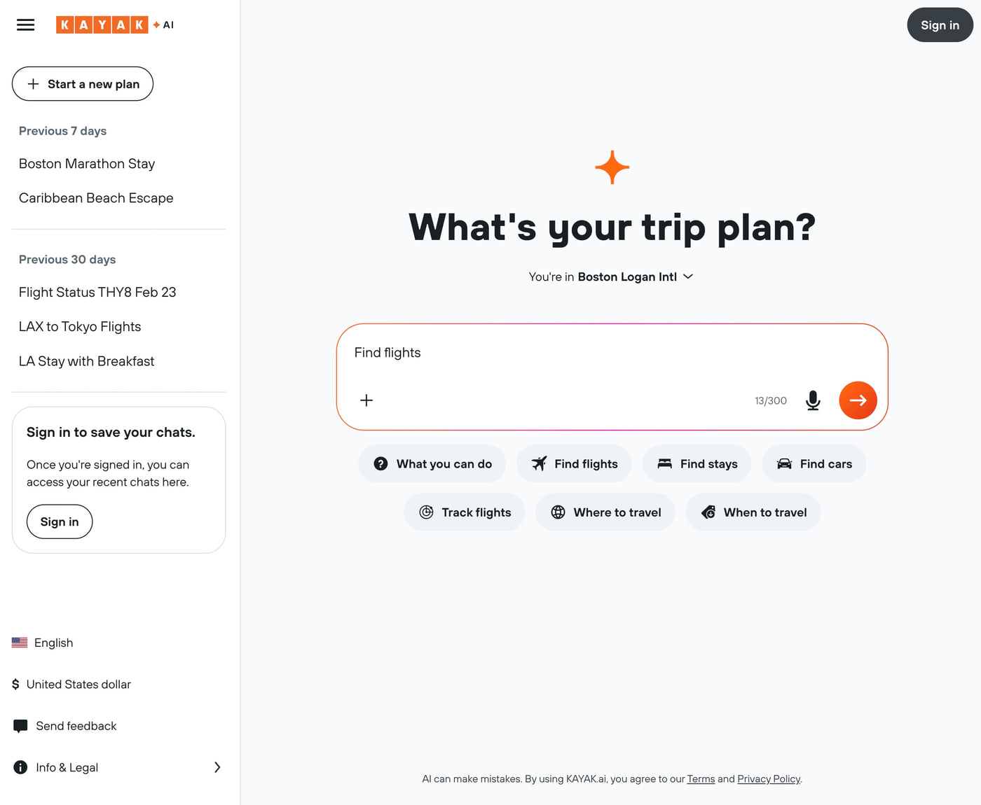 The standalone KAYAK.ai product: a full-page 'What's your trip plan?' prompt with a chat history sidebar, separate from KAYAK.com