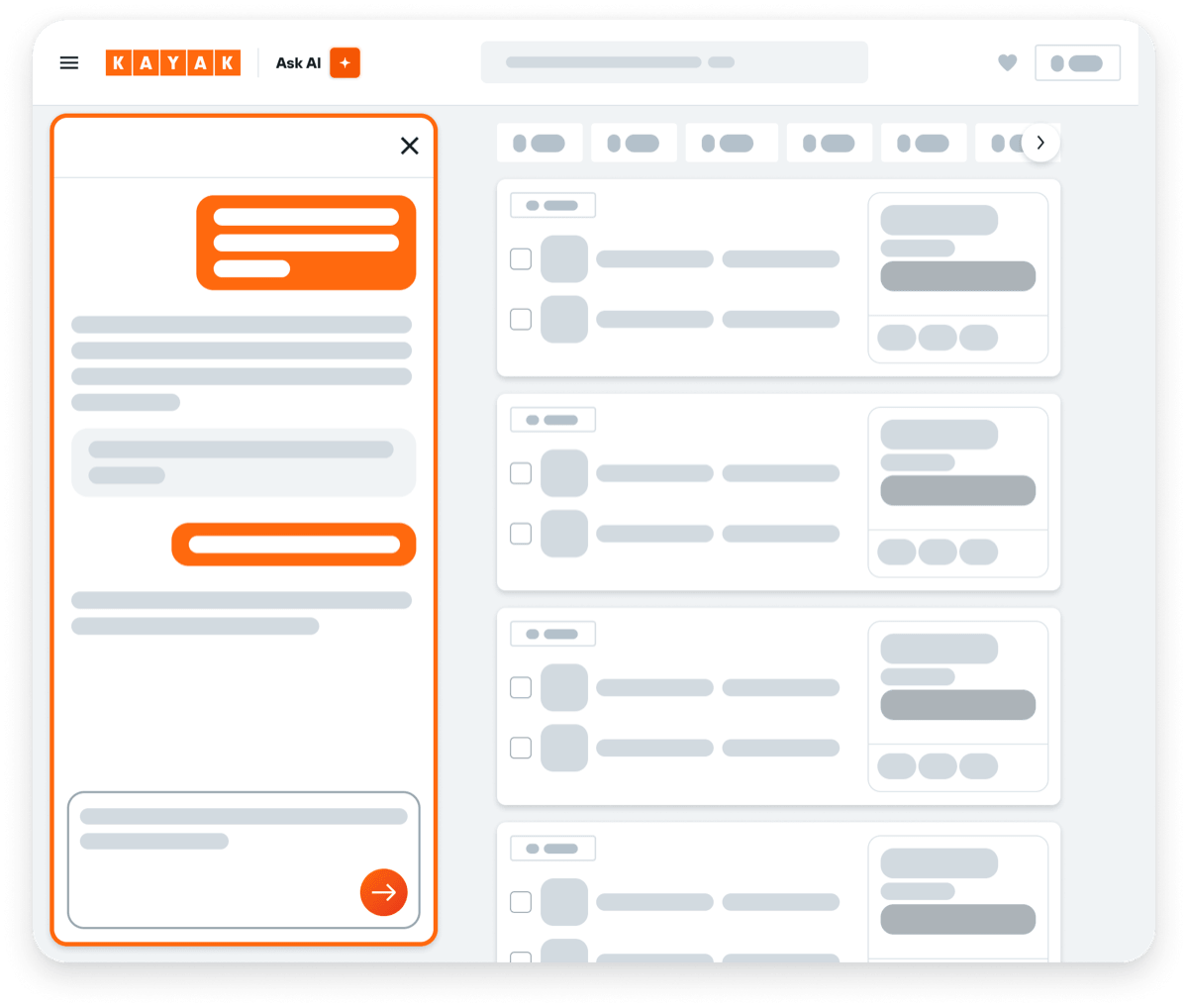 Wireframe with the chat panel docked on the left and results filling the right