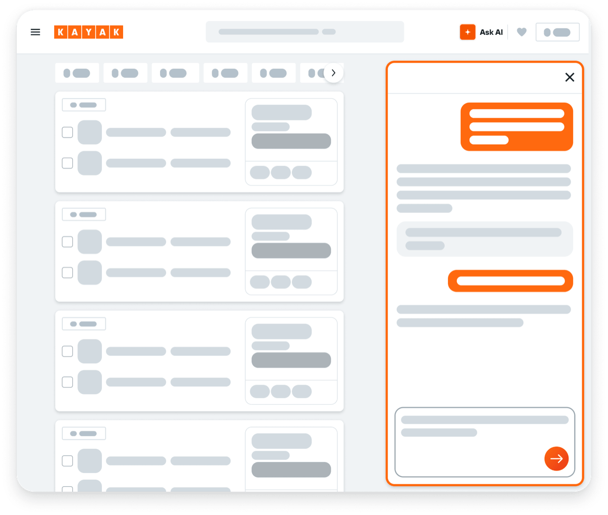 Wireframe with results on the left and the chat panel docked on the right
