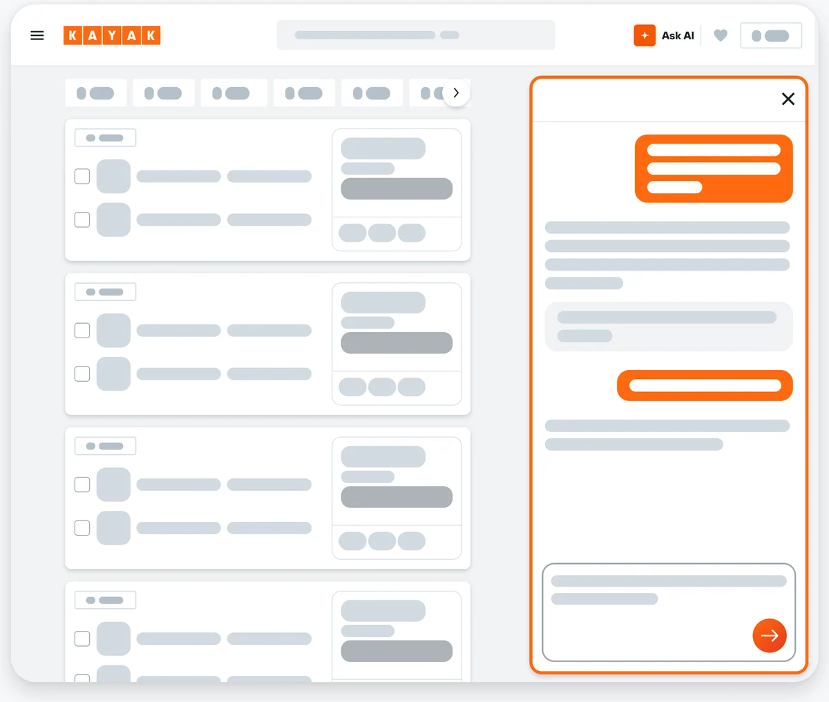 Wireframe with the chat panel on the right of the results