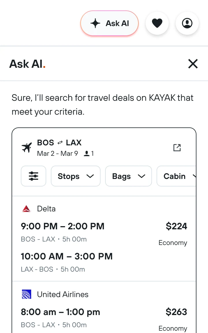 Chat panel holding a full list of flight results