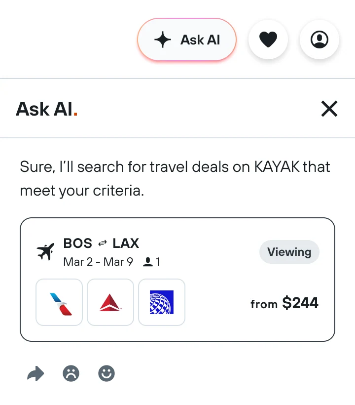 Chat panel holding a condensed flight widget with airline thumbnails