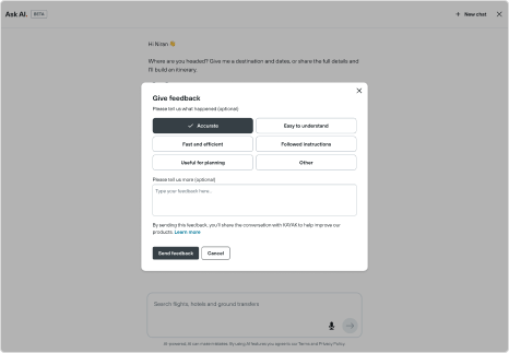An AI travel-assistant chat with a feedback modal open, offering quality tags and a comment box