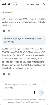 Mobile Ask AI chat panel asking a clarifying question about a New York trip