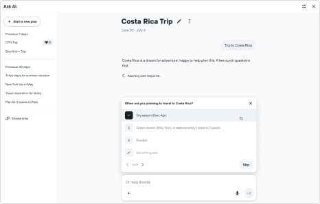 A Costa Rica trip conversation with a past-plans sidebar and a multiple-choice travel-date card