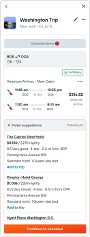 Mobile trip itinerary with an unbooked flight marked In Policy and a list of AI-picked hotel suggestions