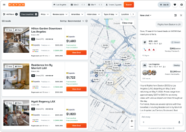 KAYAK hotel search results for Los Angeles with a map, filter bar and an AI chat panel answering a trip query