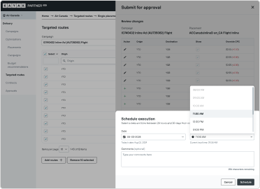 KAYAK partner campaign tool with a targeted-routes list and a submit-for-approval modal reviewing bid changes