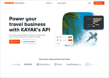 Marketing landing page for a travel API partner program, with a sample request and partner brand logos