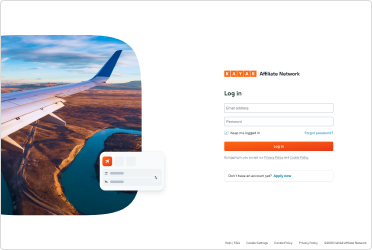 KAYAK Affiliate Network partner login screen beside an aerial photo with a floating flight-search card