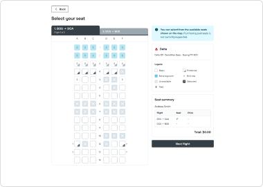 Airline seat-selection screen with a seat map, a seat-type legend and a running seat summary