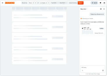 KAYAK flight search results loading in a skeleton state, with an AI chat panel open on the right